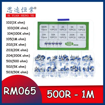 100/doboz, 10 féle állítható ellenállás RM065 változó 1K2K5K10K50K100K500K Euro 1 M vízszintes kék-fehér potenciométer