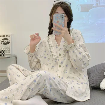 2023 Új Pijama Mujer Alkalmi Virágos Nyomtatott Pizsama, Női Hosszú Ujjú Nadrág Öltöny Tavaszi Őszi Loungewear Pizsi Femme