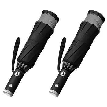 2X Automatikus Fordított Esernyő Fordított Fényvisszaverő Összecsukható LED Biztonságos Éjjel Szélálló Keret Férfiak, Nők, Esernyők