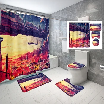 4 db Retro Art Poszter zuhanyfüggöny Készletek Csúszásmentes Szőnyeg,Wc Fedelét Fedelét, valamint a Jövő Koncepciója Város Zuhanyzó Függöny Szett