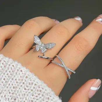Divat Intarziás Cirkónium-oxid Pillangó Nyitó Gyűrű a Nők Temperamentum Intarziás Hamis Gyöngy, Fém, Állítható Gyűrű, Ékszerek Fél Ajándék
