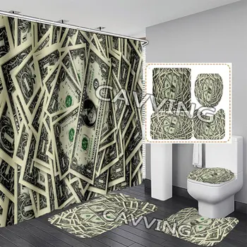 Dollár - Minta 3D Nyomtatott zuhanyfüggöny Vízálló Fürdőszoba Függöny csúszásgátló Szőnyeg Szett Wc Szőnyeg Szőnyeg lakberendezés H02