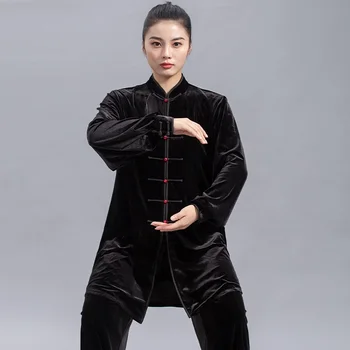 Fekete Bársony Tai Chi Egyenruhát Hagyományos Kínai Harcművészetek Gyakorlása Ruházat Wingchun Öltöny Unisex Kung Fu Egységes FF3749