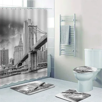 Fekete, Fehér, Brooklyn-Híd a Manhattan Látképét Panoráma Fürdőszobában Zuhanyzó Függöny Függöny Kád, Wc Szőnyeg, Szőnyegek Szőnyeg