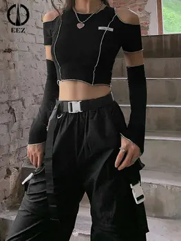 Fekete Gót Patchwork póló a Nők Egy Váll Ujja Y2k Crop Top Vintage Fodor Hem Hip-Hop Techwear Nyári E-lány Póló