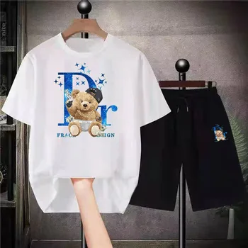 Férfi Pamut Túlméretezett Streetwear Vicces Anime Melegítő Hip-Hop Medve Unisex Póló Szett Nyári Ing, Rövid Ruha Divat Ruhák