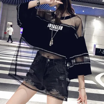 Háló Patchwork Női póló Nyári koreai Szexi Üres Levelet a Nyomtatás Maximum Y2K Hip-Hop Streetwear Laza Női Póló, Új