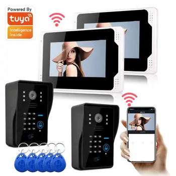 Jelszó RFID beléptető Video Kaputelefon 7 hüvelykes, 1080P Monitor Tuya APP Wifi Vezeték nélküli Videó Ajtó Telefon, Csengő, Kaputelefon Rendszer