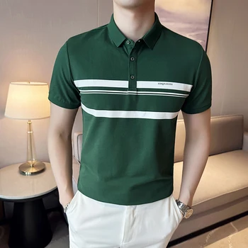 Koreai Férfi Nyári Póló Elegáns Üzleti Rövid Ujjú Pulóver Csíkos Póló T-Shirt Férfi Slim Fit Férfi Trend Ruházat 4XL