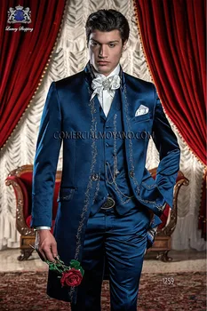 Kék Szatén Öltönyök, Esküvői olasz Vintage Stílusú Hímzett Frakk Vőlegény Szmoking Álló Gallér Jelmez Homme Mariage