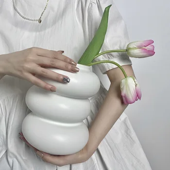 Különleges Alakú Kerámia Váza Hidroponikus Fehér Haza Minta Szoba Donut Dekoráció Virág Evőeszközökkel