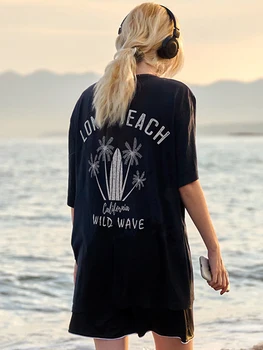 Long Beach, Kalifornia, Vad Hullám Női Felsők Alkalmi Lélegző Nyári Rövid Ujjú Laza-matek Sleeve Női Pamut póló