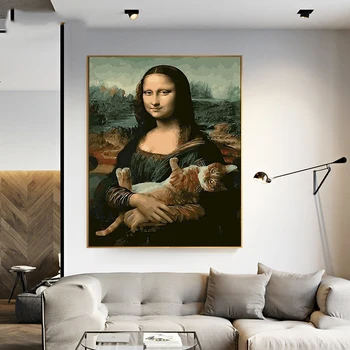 Mona Lisa, Kezében Egy Macska Absztrakt Vászon Festmény Wall Art Északi Poszterek, Nyomatok, Fali Képek, Nappali Dekoráció