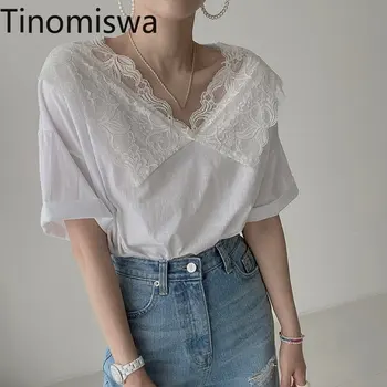 Tinomiswa Koreai Elegáns Póló Női Nyári Új Érkezés V Nyakú Rövid Ujjú Csipke Patchwork Tees Alkalmi Divat Tshirts Femme