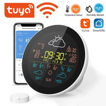 Tuya WiFi Intelligens Idő Óra 3-napos Időjárás-Előrejelzés Időjárás Állomás Vezeték nélküli Hőmérő Páratartalommérő LCD Kijelző 3 Érzékelők