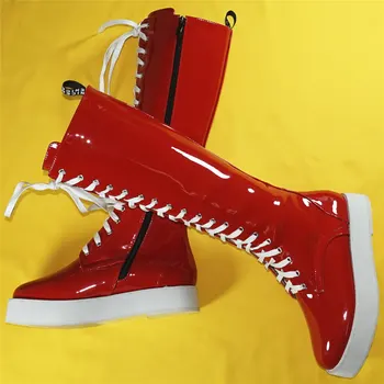 Vörös Divat Cipők Női Csipke Lakkbőr Térd Csizma Női Téli Kerek Toe Comb Magas Platform Szivattyúk Alkalmi Cipő