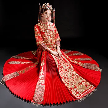 VÖRÖS Especial Divat Kínai menyasszony, esküvői ruha ruha Arany cheongsam Suzhou hímzett női arany Tavaszi Őszi Qipao S-3XL