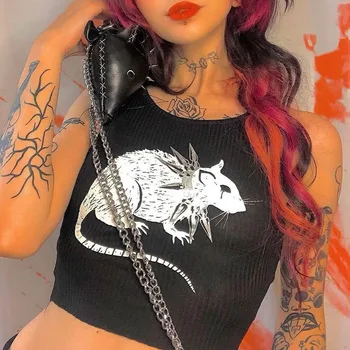 Y2k Punk Grunge Mellény Szexi Fekete Termés Maximum Nők Gótikus Egér Nyomtatott Crop Top Streetwear Harajuku Indie Ruhát A Lányok Tartályok