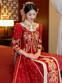 Ősi Menyasszony Flitterekkel Gyöngyfűzés Pirítós Ruha Kínai Stílusú Velúr Bojt Esküvői Ruha